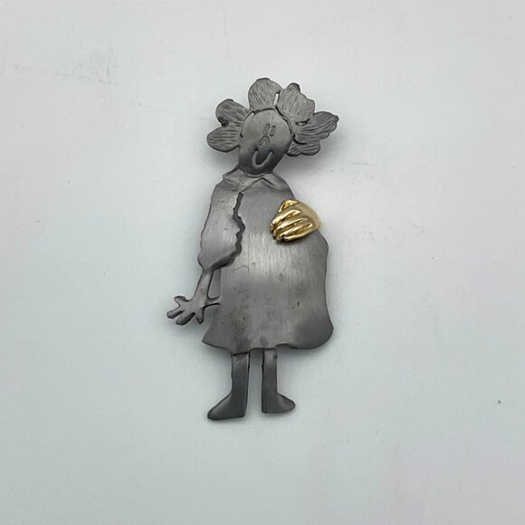 Ultracraft Large 3 in Pewter Pregnant Lady Vintage Brooch Gold Tone Hand Accent - Picture 1 of 4